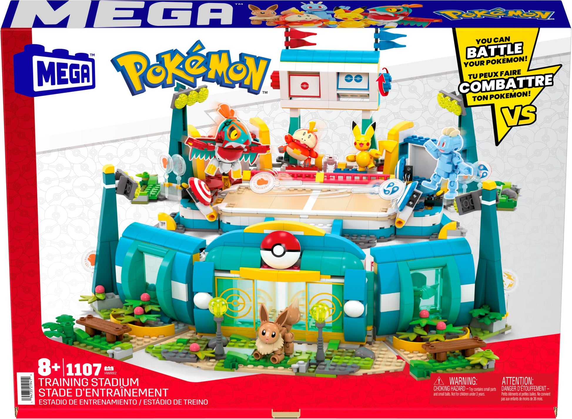 MEGA Pokémon Building Toys Set featuring a training stadium, 1101 pieces, and 5 poseable characters for imaginative play.