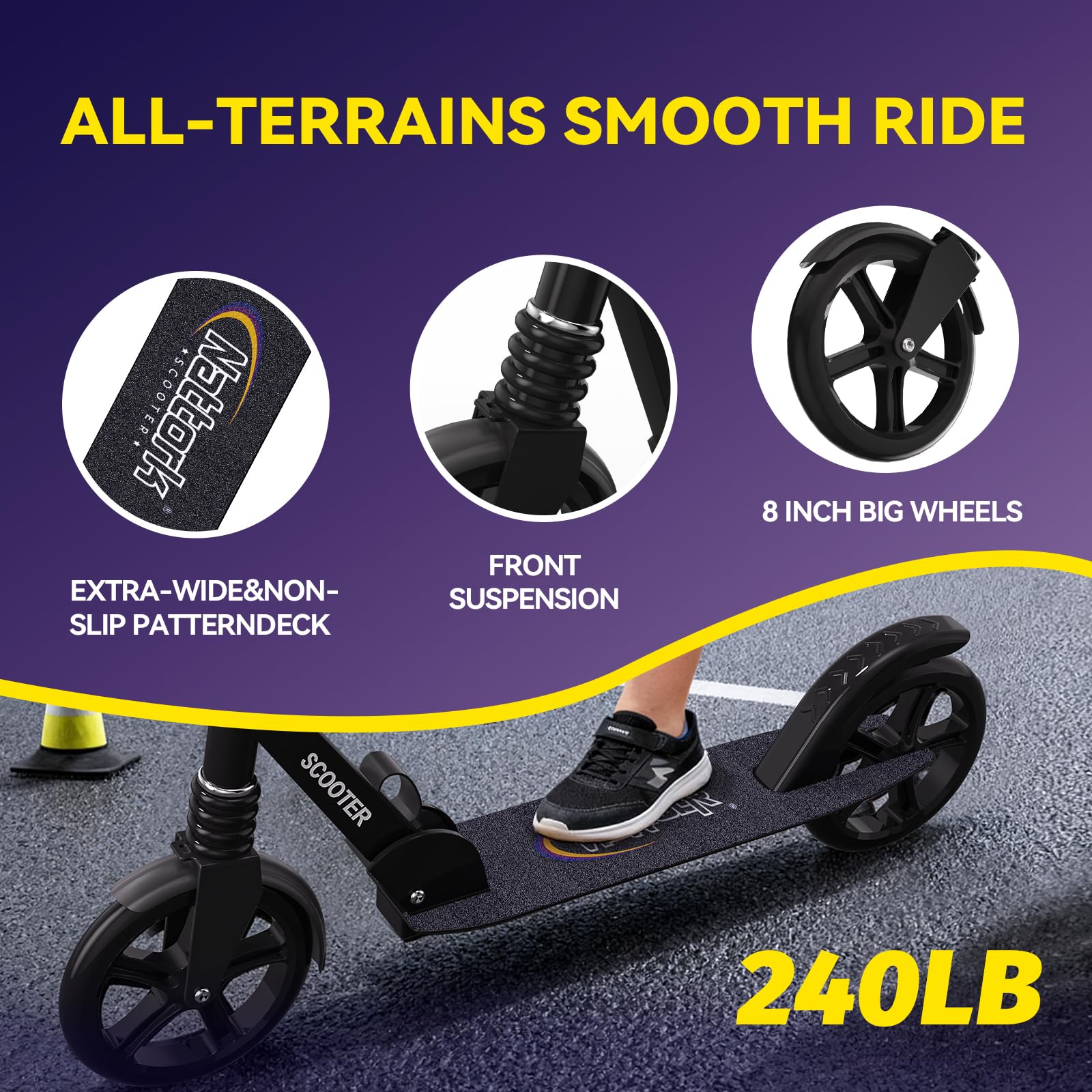 Nattork navy blue kick scooter with 8" sturdy wheels, front shock absorber, and adjustable handlebar for teens and adults.
