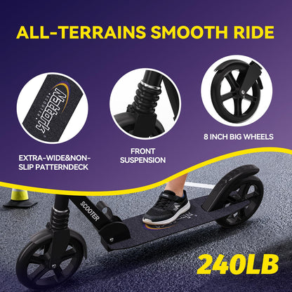 Nattork navy blue kick scooter with 8" sturdy wheels, front shock absorber, and adjustable handlebar for teens and adults.