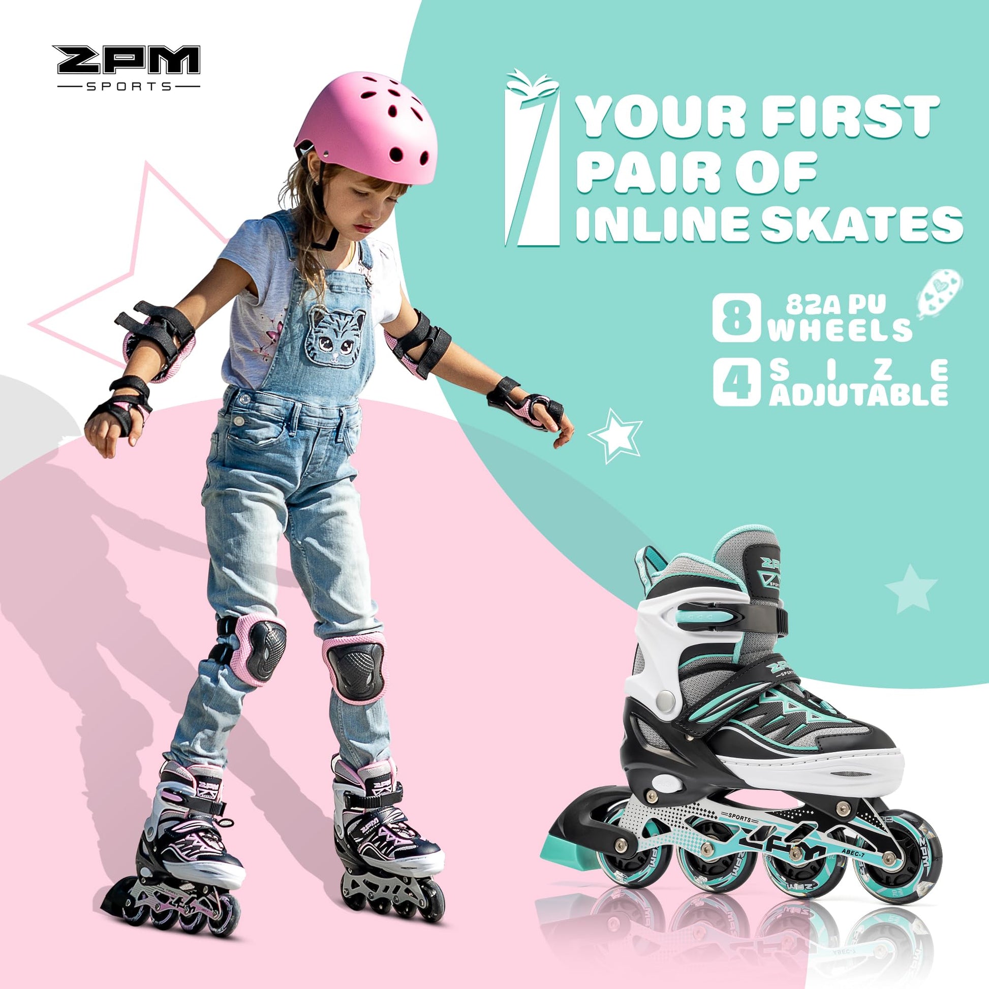 Mint small 2pm Sports adjustable inline skates with stylish design for boys and girls, featuring secure straps and durable wheels.