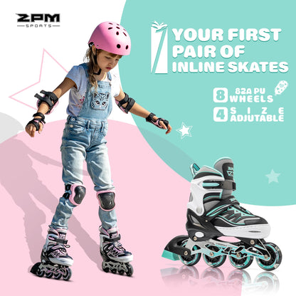 Mint small 2pm Sports adjustable inline skates with stylish design for boys and girls, featuring secure straps and durable wheels.