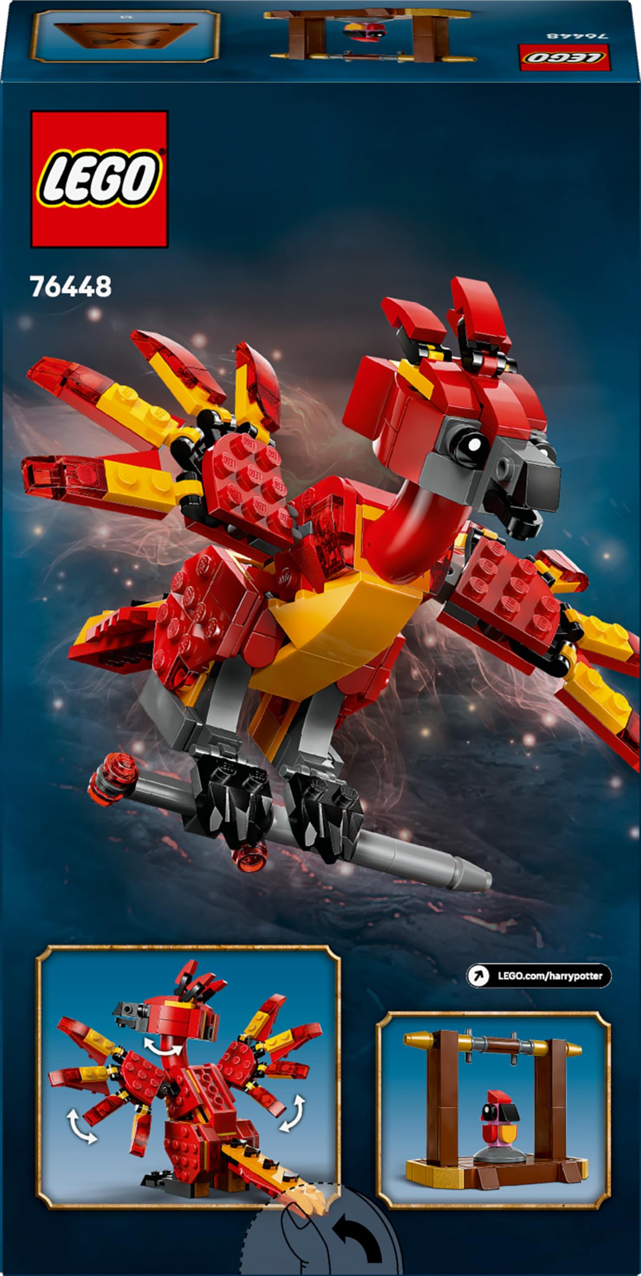 LEGO Harry Potter Fawkes figure with Sorting Hat and Sword of Gryffindor, showcasing a colorful phoenix design.