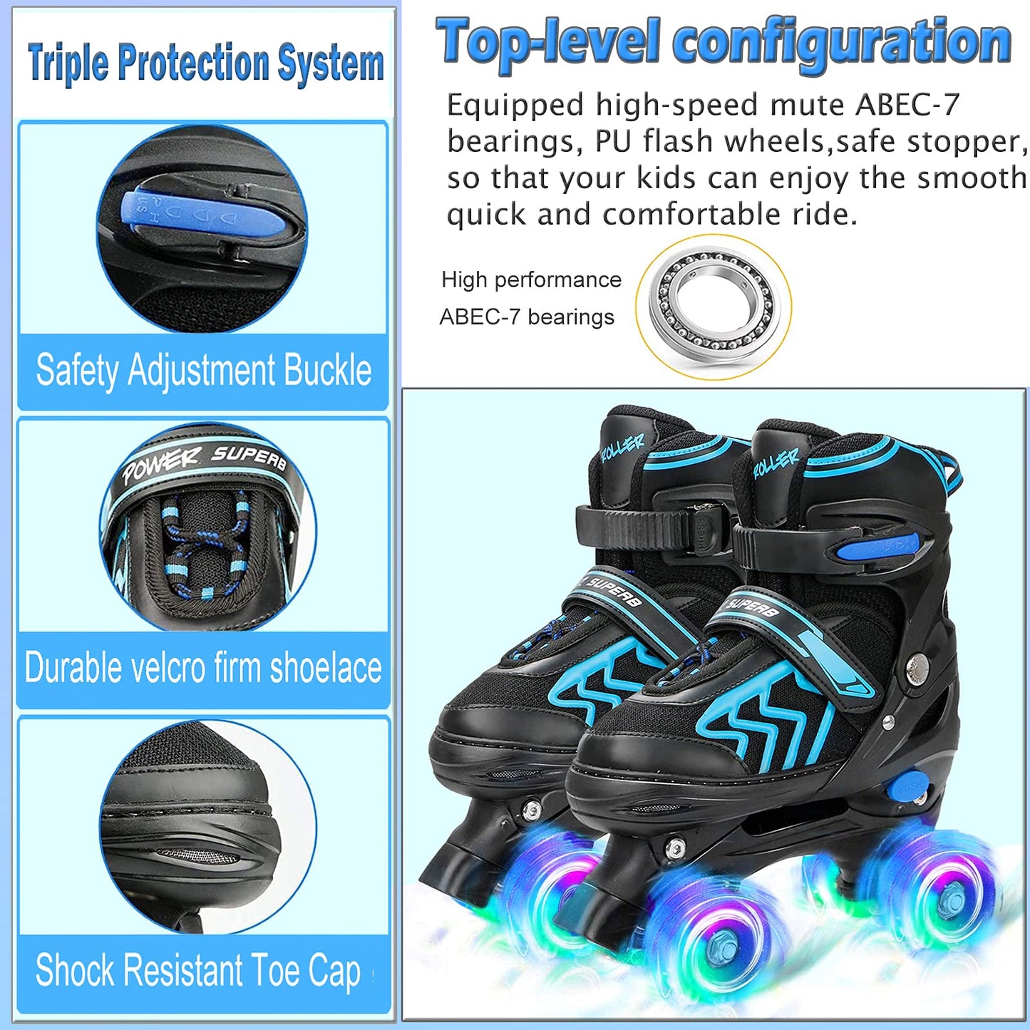 Adjustable MGYZM kids roller skates with light-up wheels, suitable for indoor and outdoor use for boys and girls beginners.