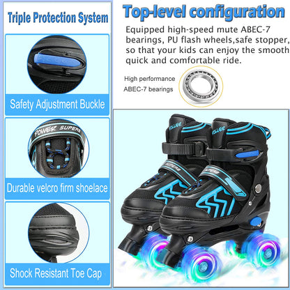 Adjustable MGYZM kids roller skates with light-up wheels, suitable for indoor and outdoor use for boys and girls beginners.