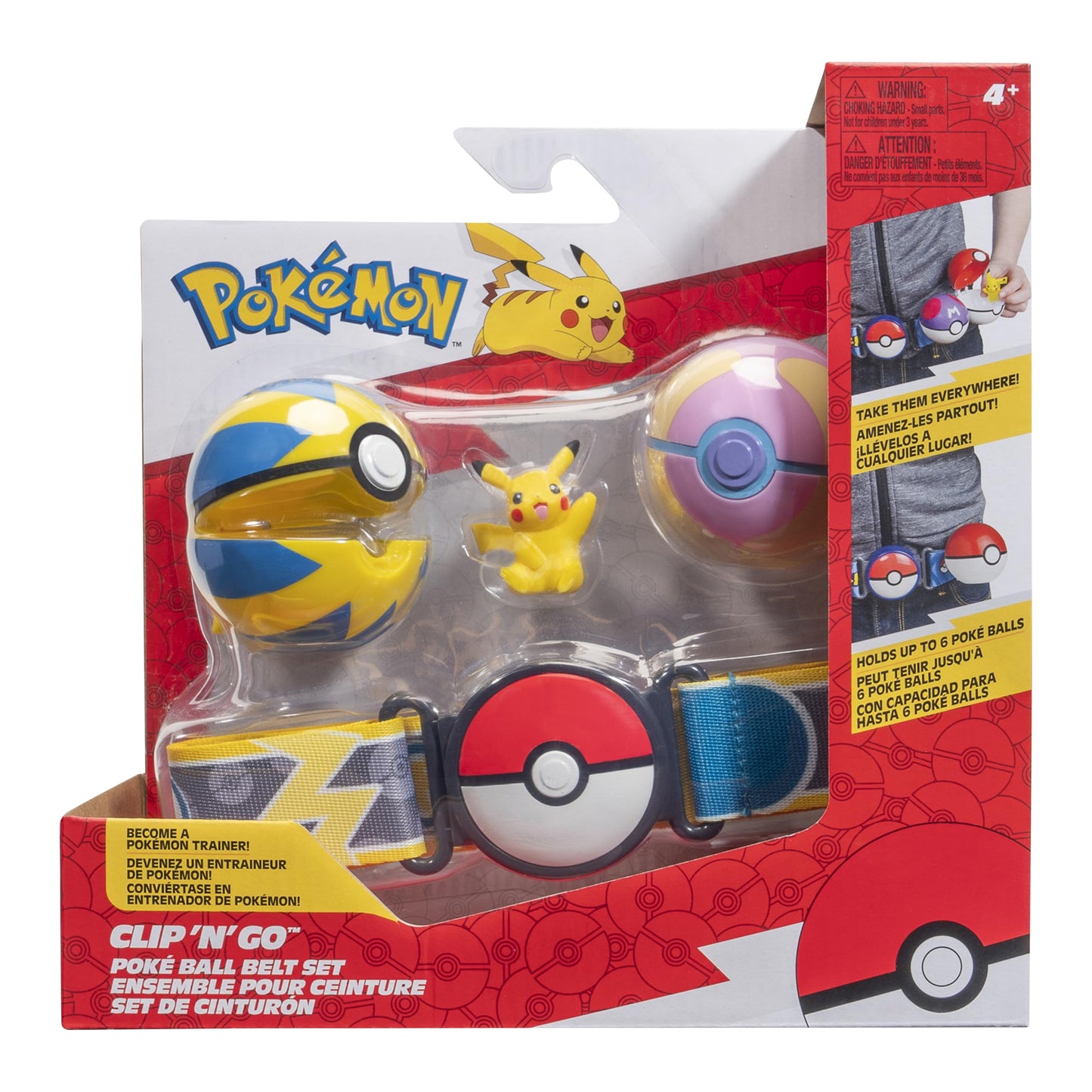 Pokémon Pikachu Clip 'N' Go belt set featuring 2-inch Pikachu figure, Heal Ball, and Quick Ball accessories.