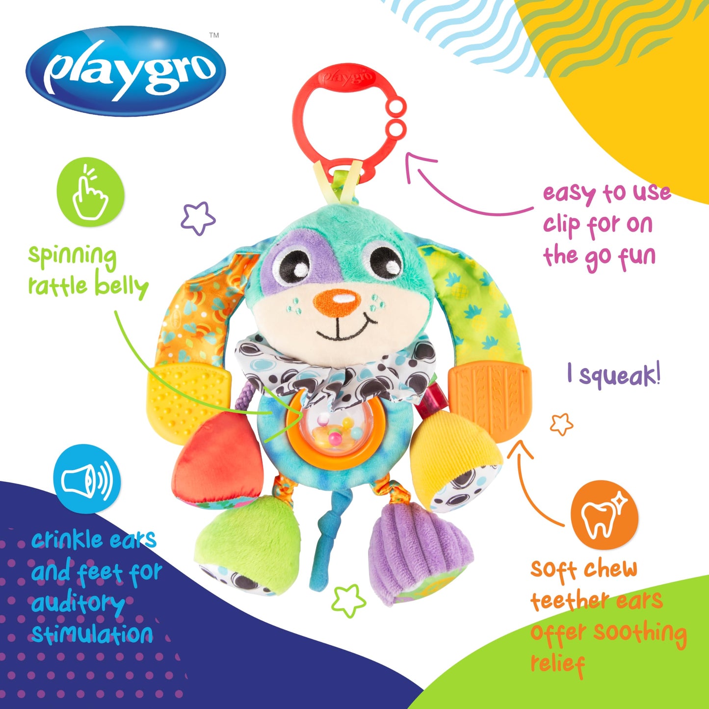 Playgro Activity Friend Doofy Dog, Vibrant Pram Rattle Toy with Easy Attach Clip for Prams, Car Seats & Capsules - Engaging Dog Baby Toy with Textured Bug Teether for Gums - from 0 Months