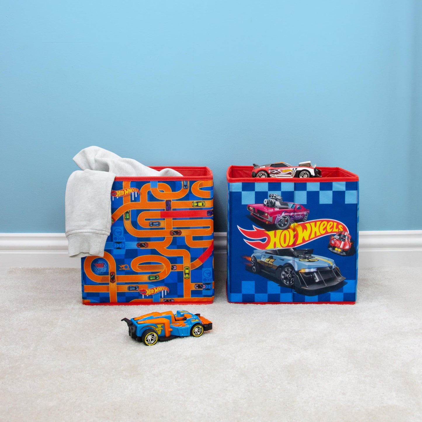 CHARACTER WORLD Hot Wheels Officially Licensed Storage Boxes | 2 pack Foldable Storage Cubes| Perfect For Organising Children's Room, Kids Playroom, 30 x 30cm, Blue, Orange