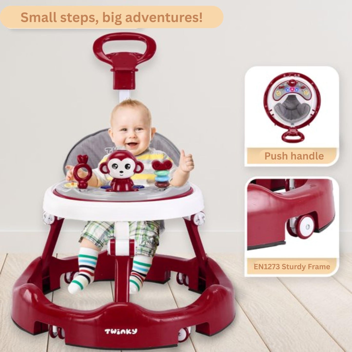 Twinky Baby Walker for boys and girls with retractable push handle, play set, music, floor mat, and 4 adjustable height positions