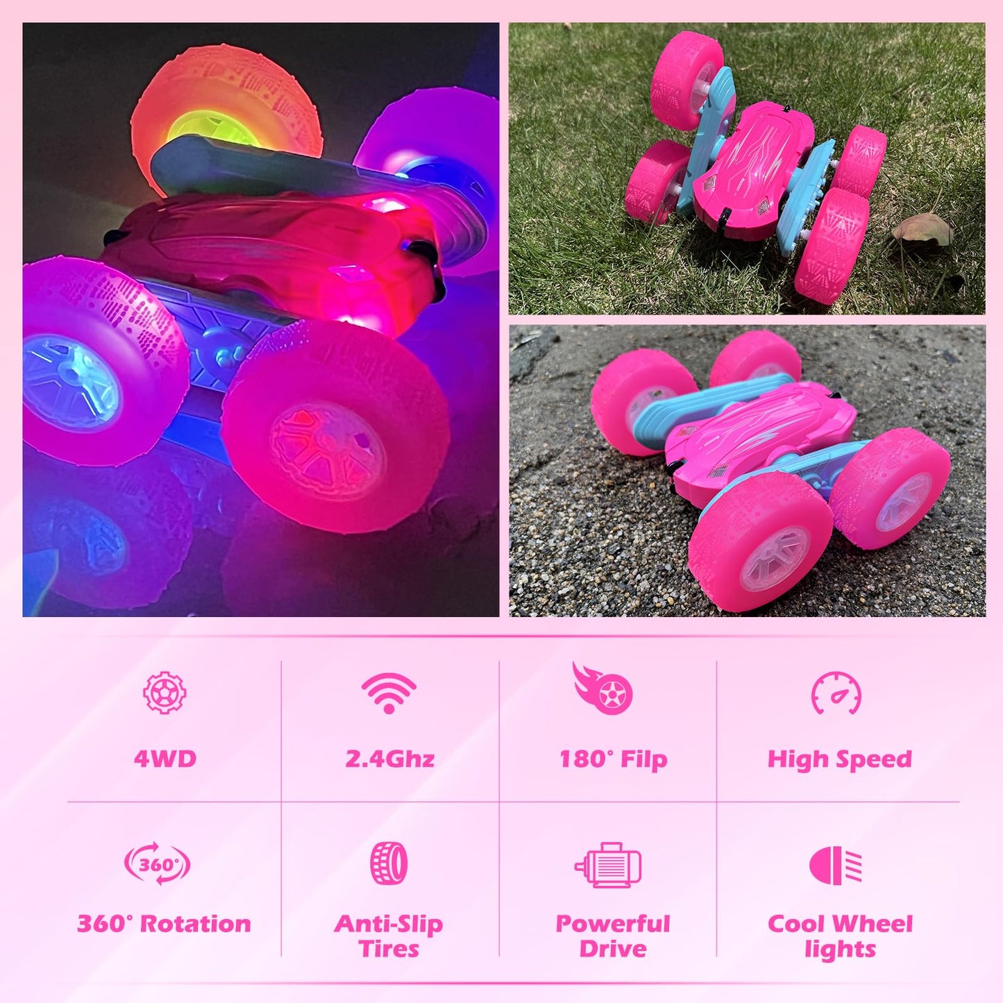 Rodzon 3300 Remote Control Car for Kids Toys 3 4 5 6 Years Old Girl,4X4 Crawlers Wheel Lights RC Car,Christmas Birthday Gift Boy Girls Age 3-12 Years,Pink