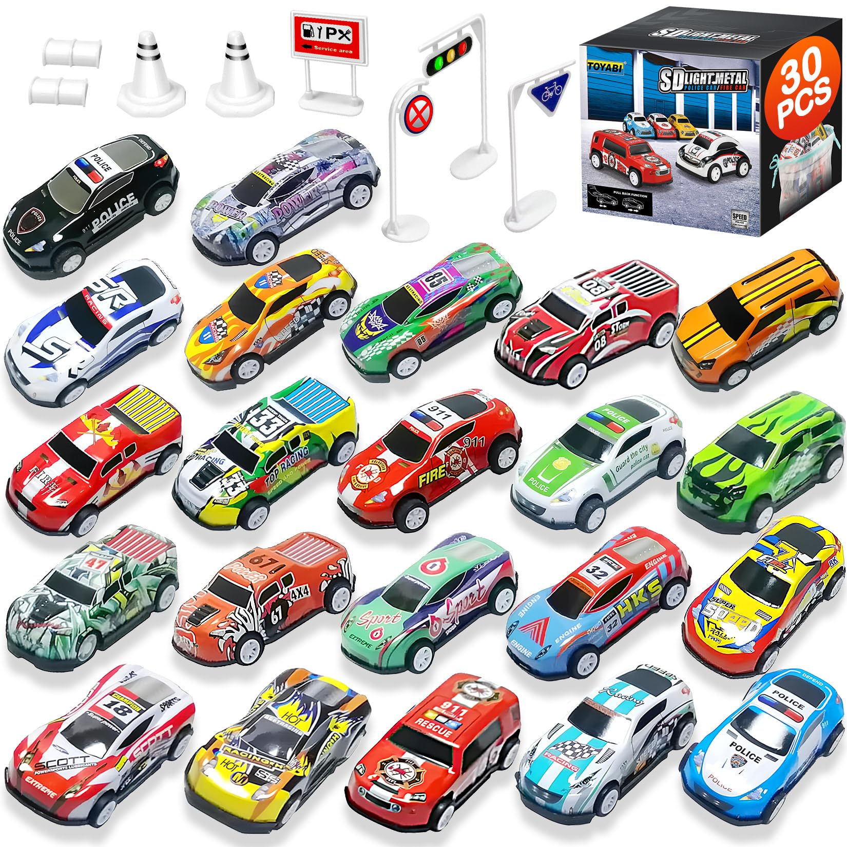 22-piece TOYABI metal race car set with mini pull-back cars and roadblocks for kids aged 3-8.