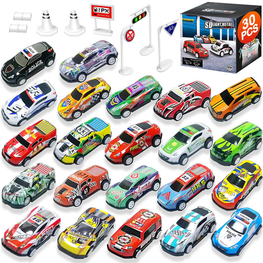 22-piece TOYABI metal race car set with mini pull-back cars and roadblocks for kids aged 3-8.