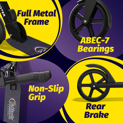 Nattork 8" kick scooter in navy blue with sturdy wheels, front shock absorber, and adjustable handlebar for teens and adults.