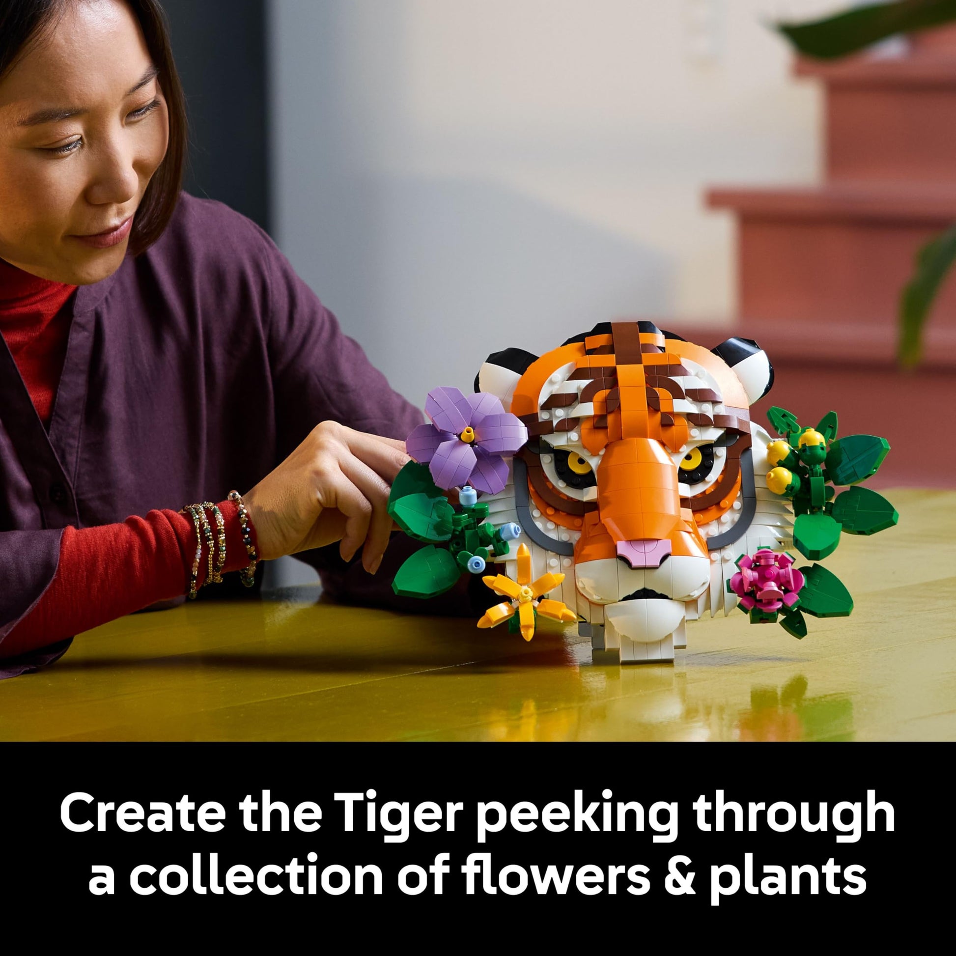 LEGO Art The Fauna Collection Tiger buildable 3D animal painting with colorful decorative flowers for home decor.