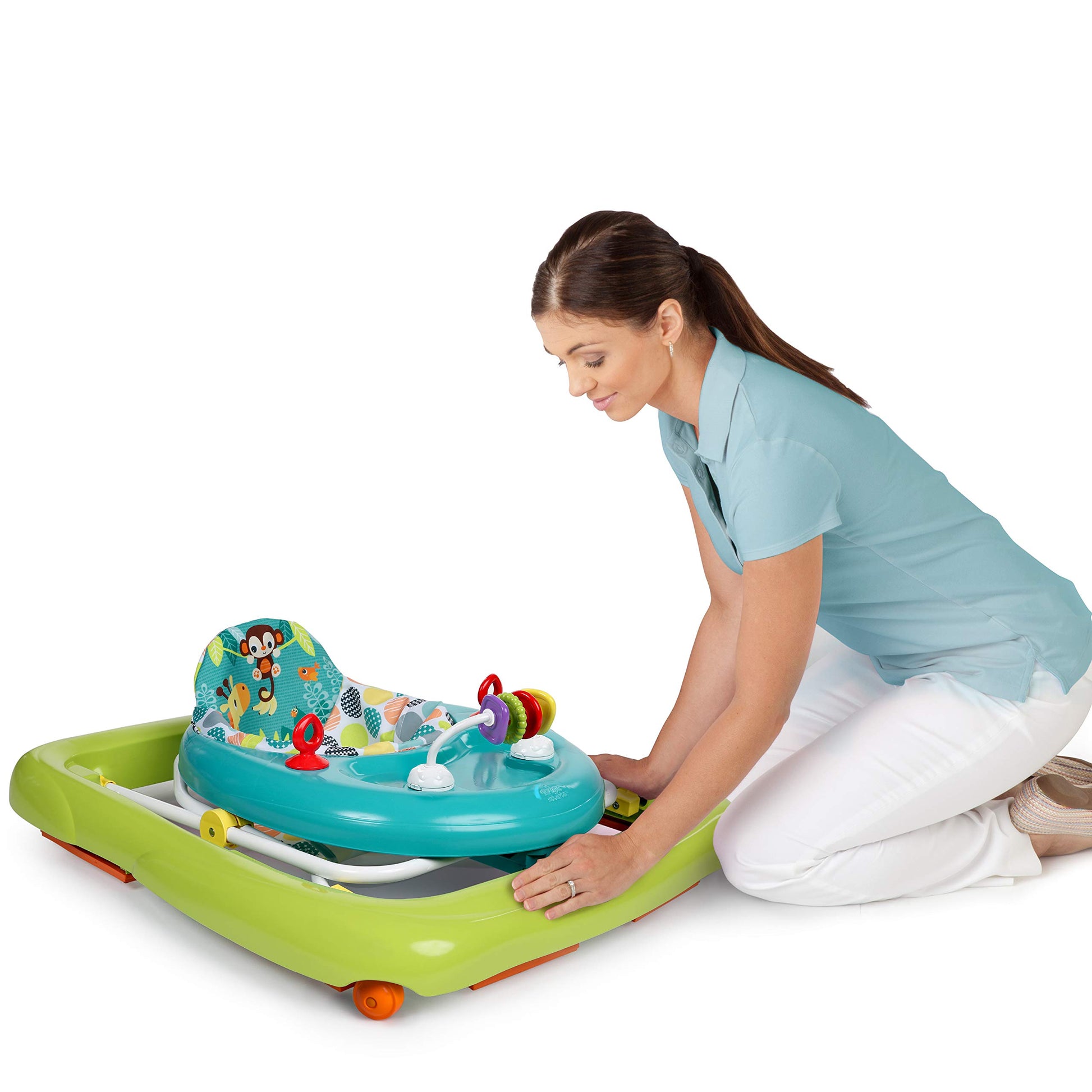 Bright Starts Giggling Safari Walker with easy fold frame, suitable for babies 6 months and older, featuring colorful safari animal design.
