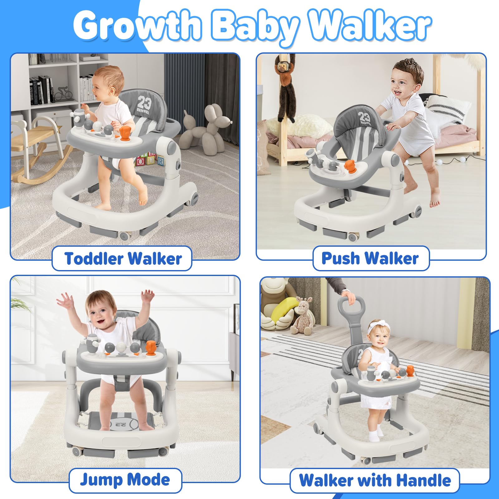 Yosamy 3-in-1 baby walker with lights, music, adjustable height, anti-rollover design, suitable for boys and girls aged 6-12 months