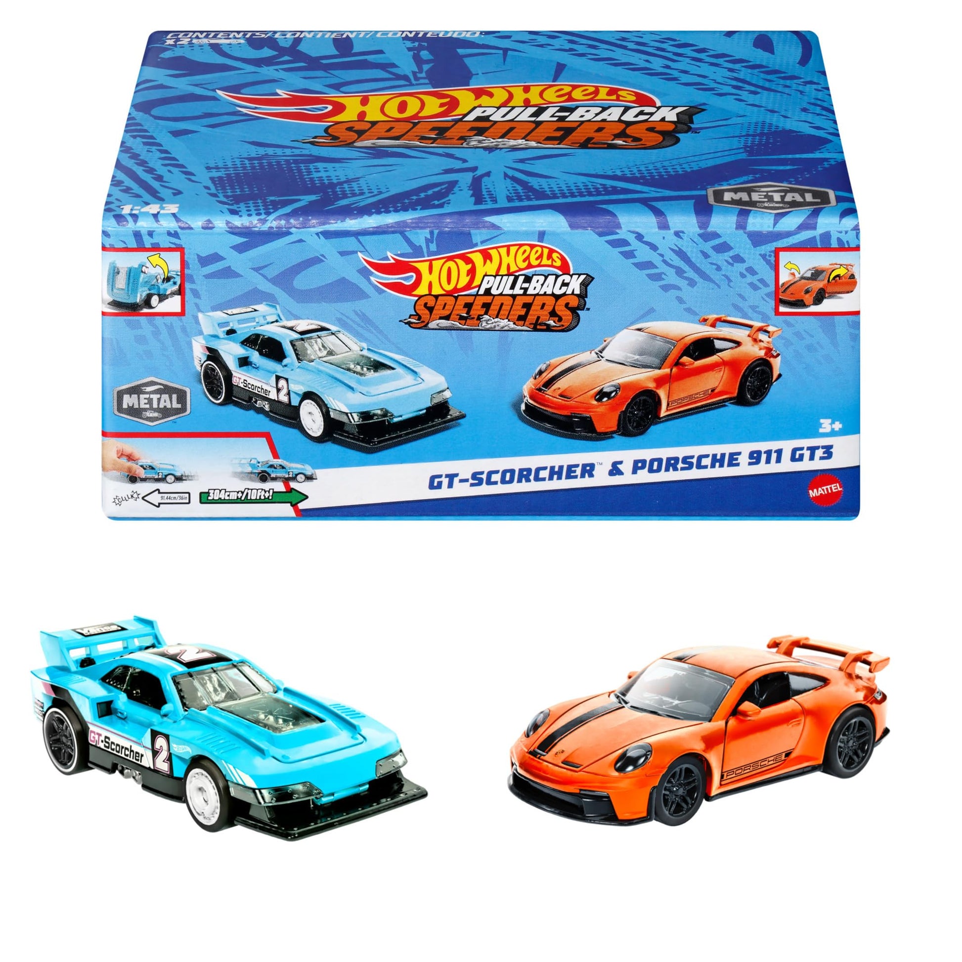 Hot Wheels Pull-Back Speeders set of 2 toy cars in 1:43 scale, featuring assorted styles and opening parts.
