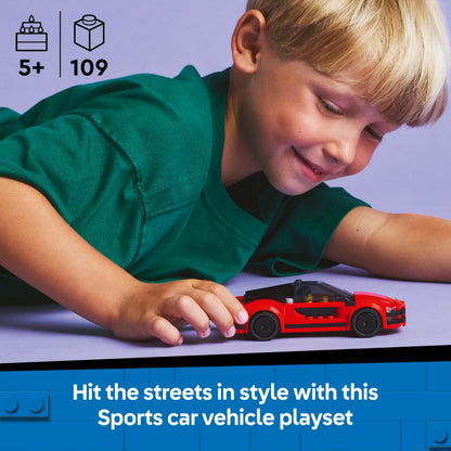 LEGO City red sports car toy with driver minifigure and accessories, designed for kids 5 years and older.