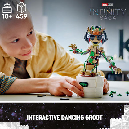 LEGO Marvel Dancing Groot action figure, buildable toy with interactive features for kids, inspired by Guardians of the Galaxy.