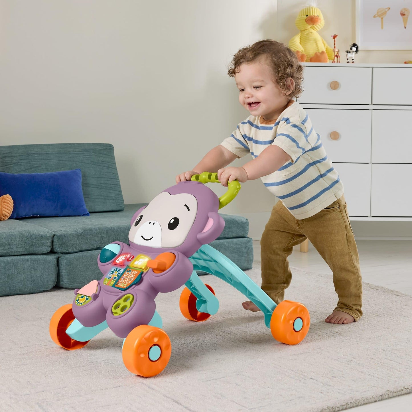 Fisher-Price Baby Walker with purple monkey toy, music, lights, and activities for infants and toddlers aged 6 months and up.