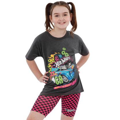 Hot Wheels Girls T Shirt And Shorts | Co Ord Set | Race Car Girls Tshirt And Short Set | Summer Clothes | Grey 11-12 Years