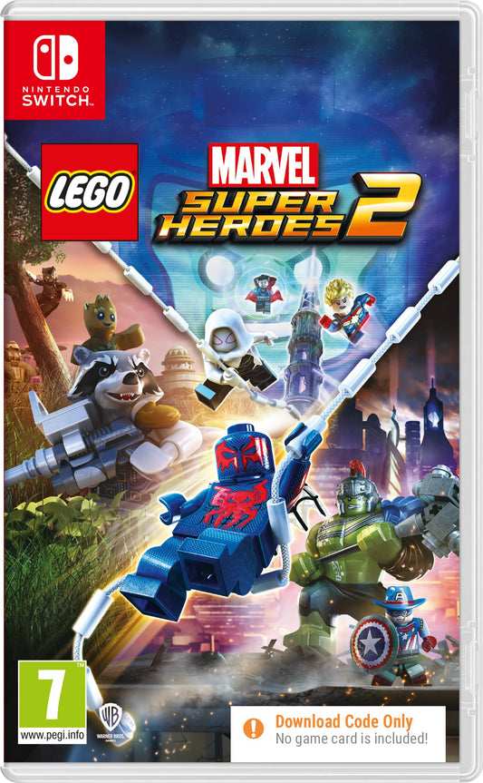LEGO Marvel Super Heroes 2 Nintendo Switch game code in box, featuring colorful cover art with Marvel characters and Warner Bros branding