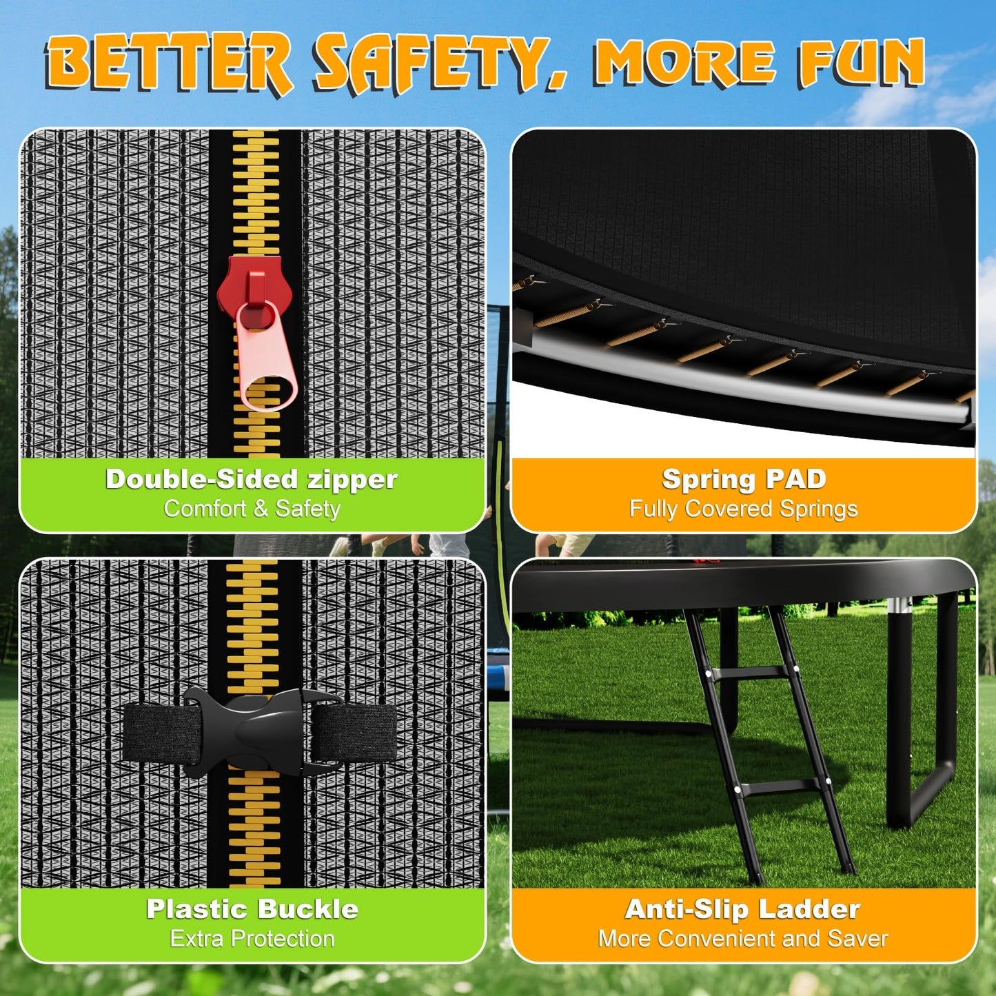 Devoko outdoor garden trampoline with safety net, non-slip ladder, shoe organizer, suitable for toddlers and adults, up to 150kg.