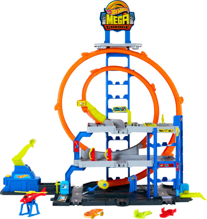 Hot Wheels toy car track set featuring die-cast car, helicopter, loops, and garage for 1:64 scale vehicles.