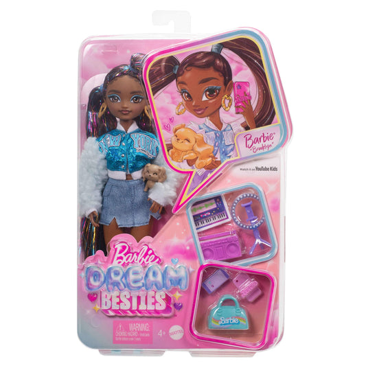 Barbie Dream Besties Playset featuring posable Brooklyn doll with long black hair and nine music-themed accessories.