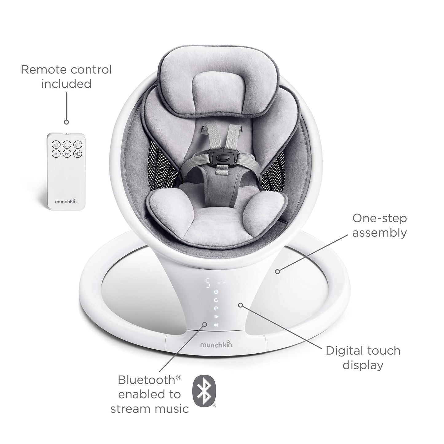 Munchkin electric baby swing in white with Bluetooth, portable bouncer chair featuring gentle bouncing, motion, and sound functions.