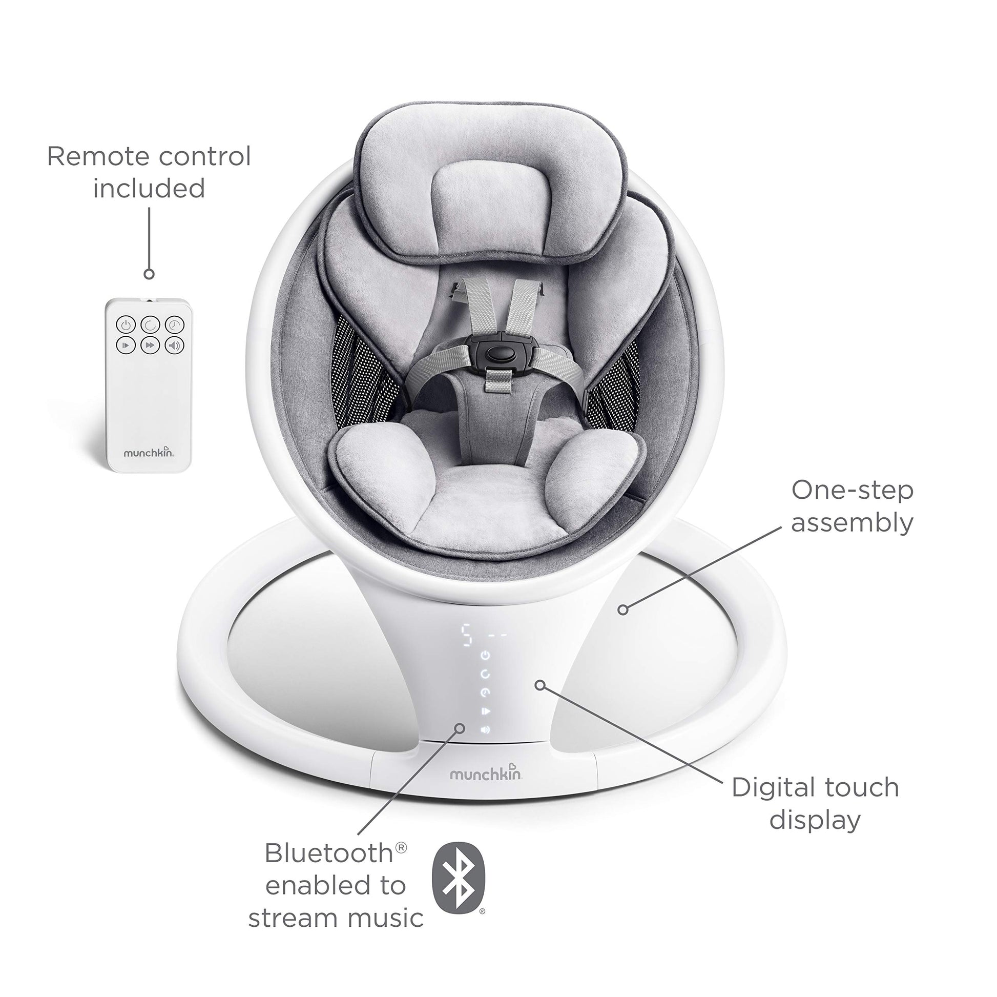 Munchkin electric baby swing in white with Bluetooth, portable bouncer chair featuring gentle bouncing, motion, and sound functions.