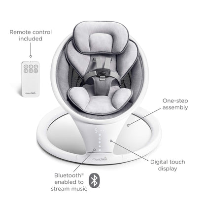 Munchkin electric baby swing in white with Bluetooth, portable bouncer chair featuring gentle bouncing, motion, and sound functions.