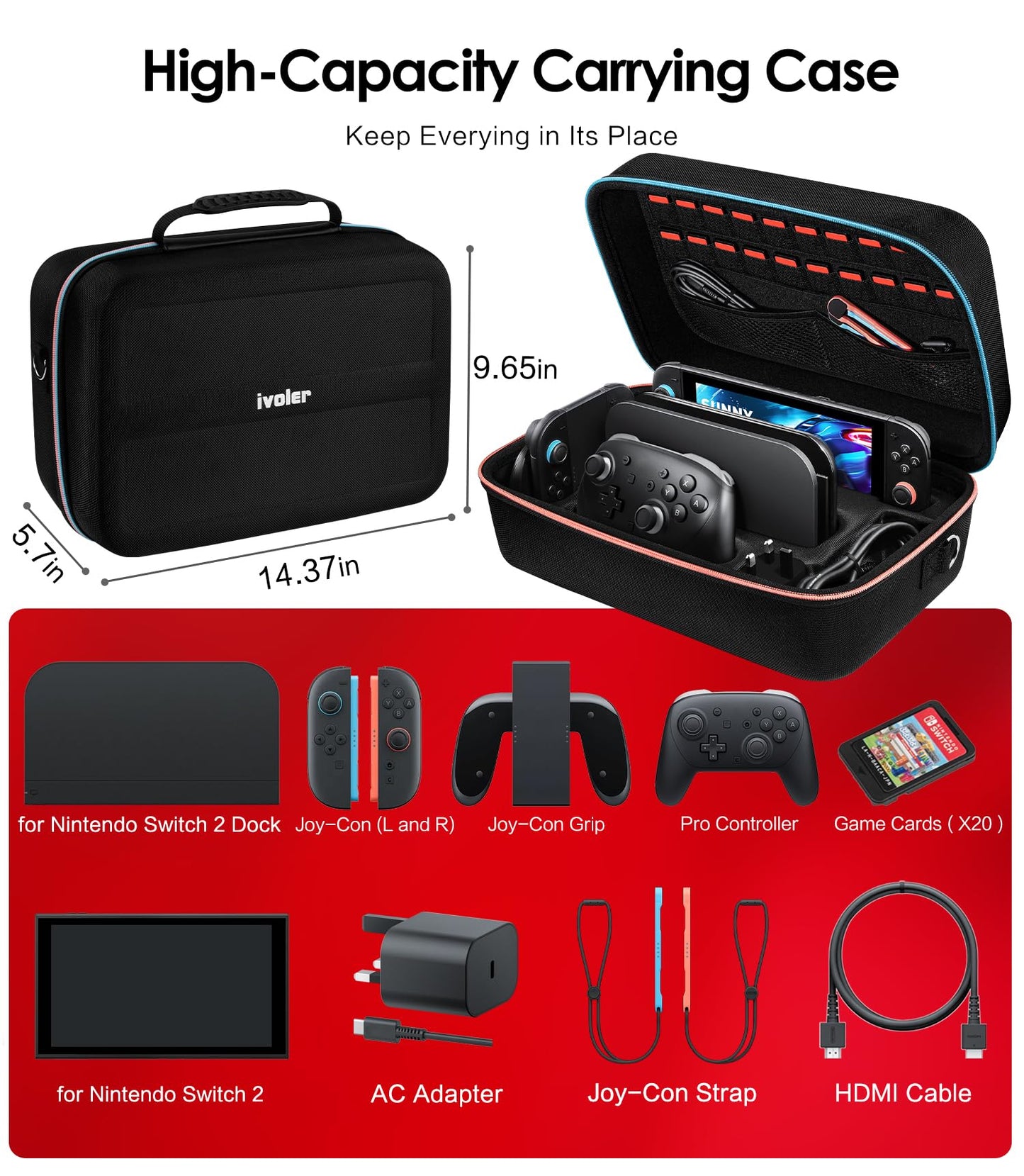 ivoler carrying case for Nintendo Switch 2 with soft lining, holds 20 games, portable messenger bag for console and accessories.