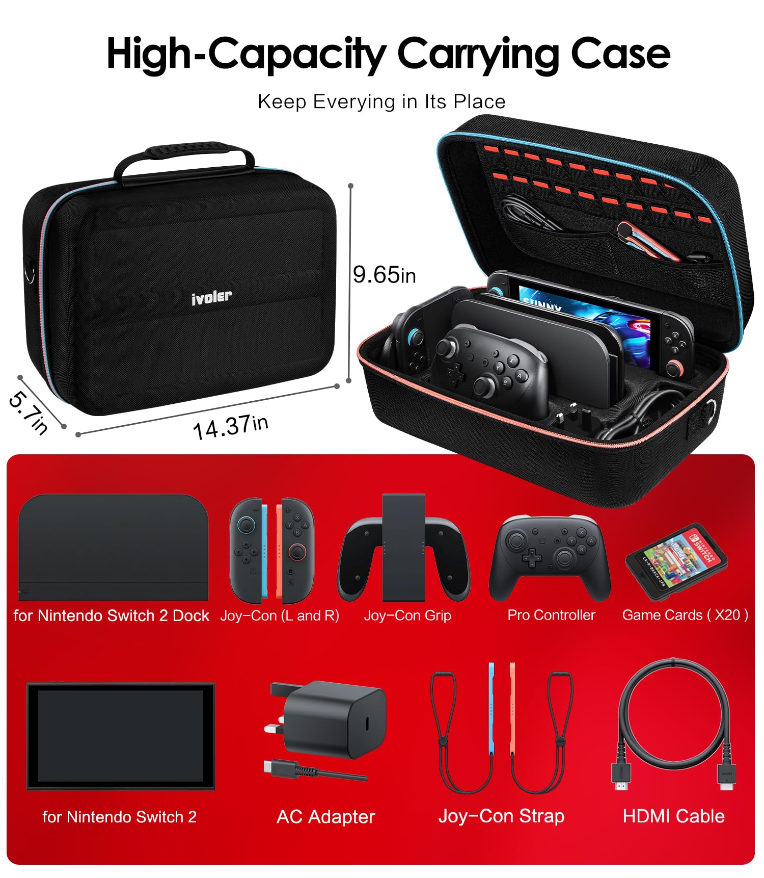 ivoler carrying case for Nintendo Switch 2 with soft lining, holds 20 games, portable messenger bag for console and accessories.