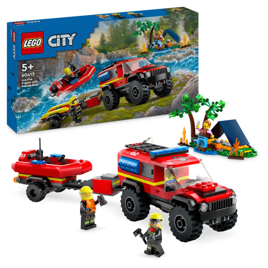 LEGO City 4x4 Fire Engine set with rescue boat, trailer, tent, camper, and two firefighter minifigures for imaginative play.