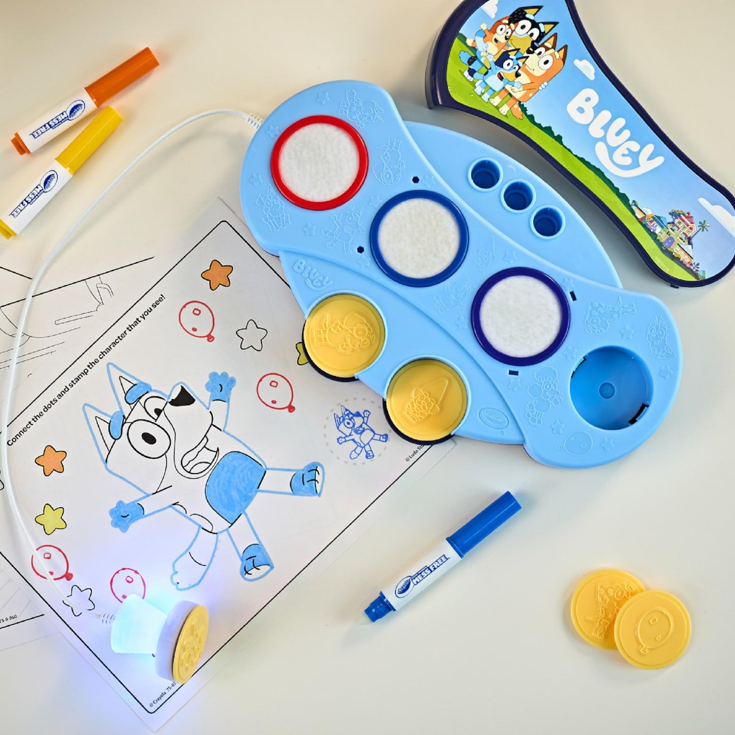 CRAYOLA Bluey Color Wonder Magic Light-Up Stamper | Includes 10 Bluey Stamps, 3 Markers, Stickers & 18 Colouring Pages | Magic Colouring Fun for Kids Ages 3+