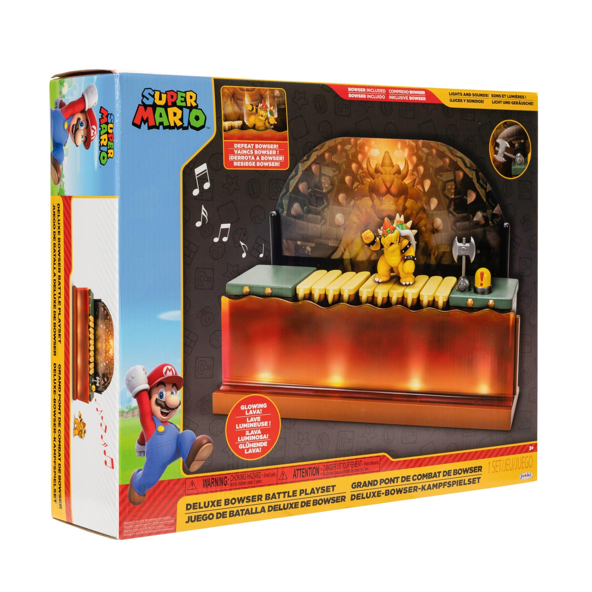 Super Mario Deluxe Bowser Battle Playset with lights and sounds, featuring a 2.5-inch Bowser action figure for fans aged 3+