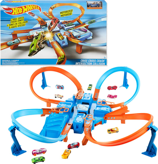 Hot Wheels Criss Cross Crash Motorized Track Set, 4 High Speed Crash Zones, 4-Way Booster, 4 Loops, Includes 1 Die-Cast Vehicle, 4 to 10 Years+, DTN42 - Amazon Exclusive