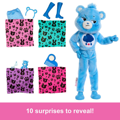 Barbie Cutie Reveal Care Bears Series Doll & Accessories Set with Grumpy Bear Plush Costume & 10 Surprises Including Color Change & Mini Bear, JCN96