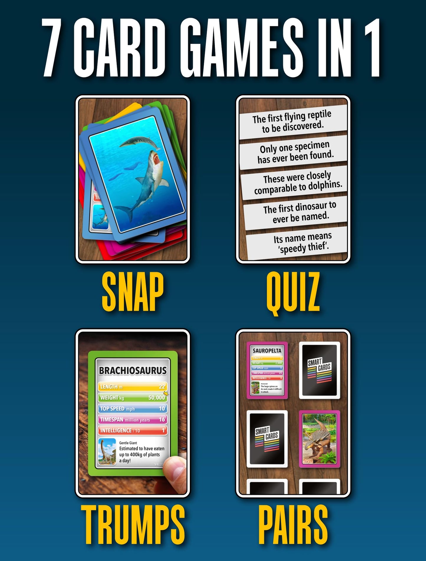 SMART CARDS Dinosaurs, Gift, Stocking Filler, Travel Card Game, 7 games in 1, Pairs, Snap, Trumps, Rummy, Memory Quiz, Trivia, Age 5+, 1-8 Players