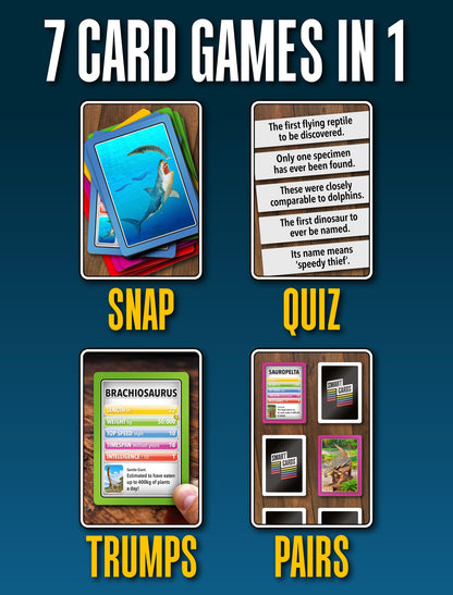 SMART CARDS Dinosaurs, Gift, Stocking Filler, Travel Card Game, 7 games in 1, Pairs, Snap, Trumps, Rummy, Memory Quiz, Trivia, Age 5+, 1-8 Players