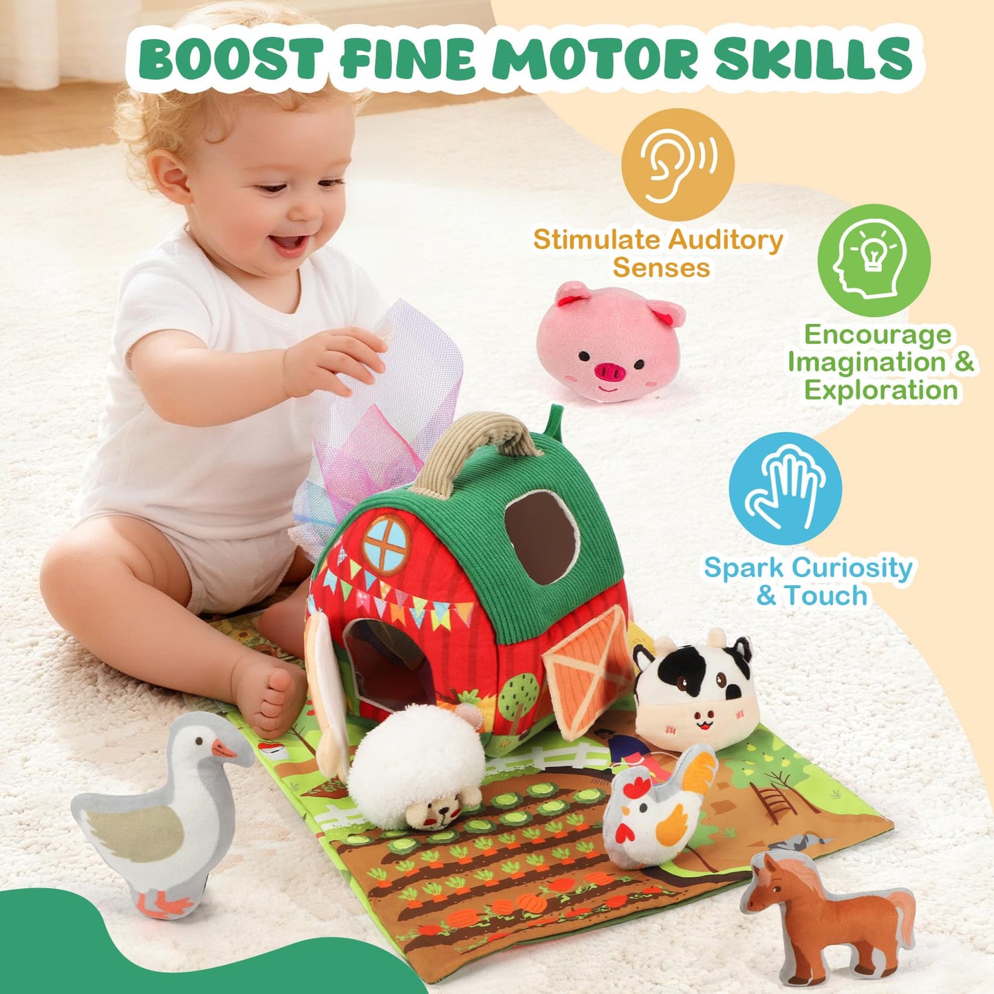 URMYWO Baby Toys 6 to12 Months Sensory Toy with Farm Animals Rattle Toys,Baby Mirror,Crinkle Paper,A Farm Mat,Montessori Toys Baby for Toddler 1-3 Year