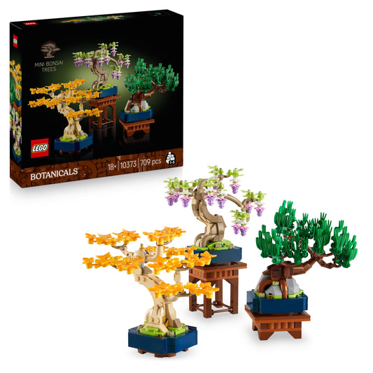 LEGO Botanicals Mini Bonsai Trees model kit featuring Gingko, Black Pine, and Wisteria with display stands for home decor.