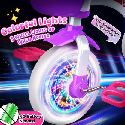 HappyGoLucky Tricycles Toys for 2-5 Year Old Girls Gifts, Balance Bike 2+ 3 4 5 Year Old with 3 Colorful Lighting Wheels & Removable Pedals, Baby Toddler Kids Cycle Trikes Bike Girls Toys Age 2-5