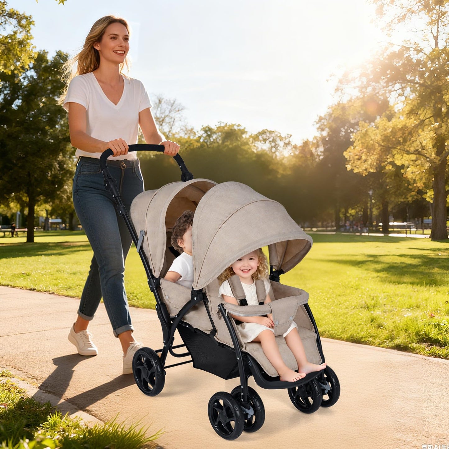 Foldable Twin Stroller, Double Baby Pushchair w/Multi-Level Backrest, Canopy, Handle & Footrest, Safety Belt & Brake System, Travel Tandem Seating Stroller w/Lockable Wheels (Khaki)