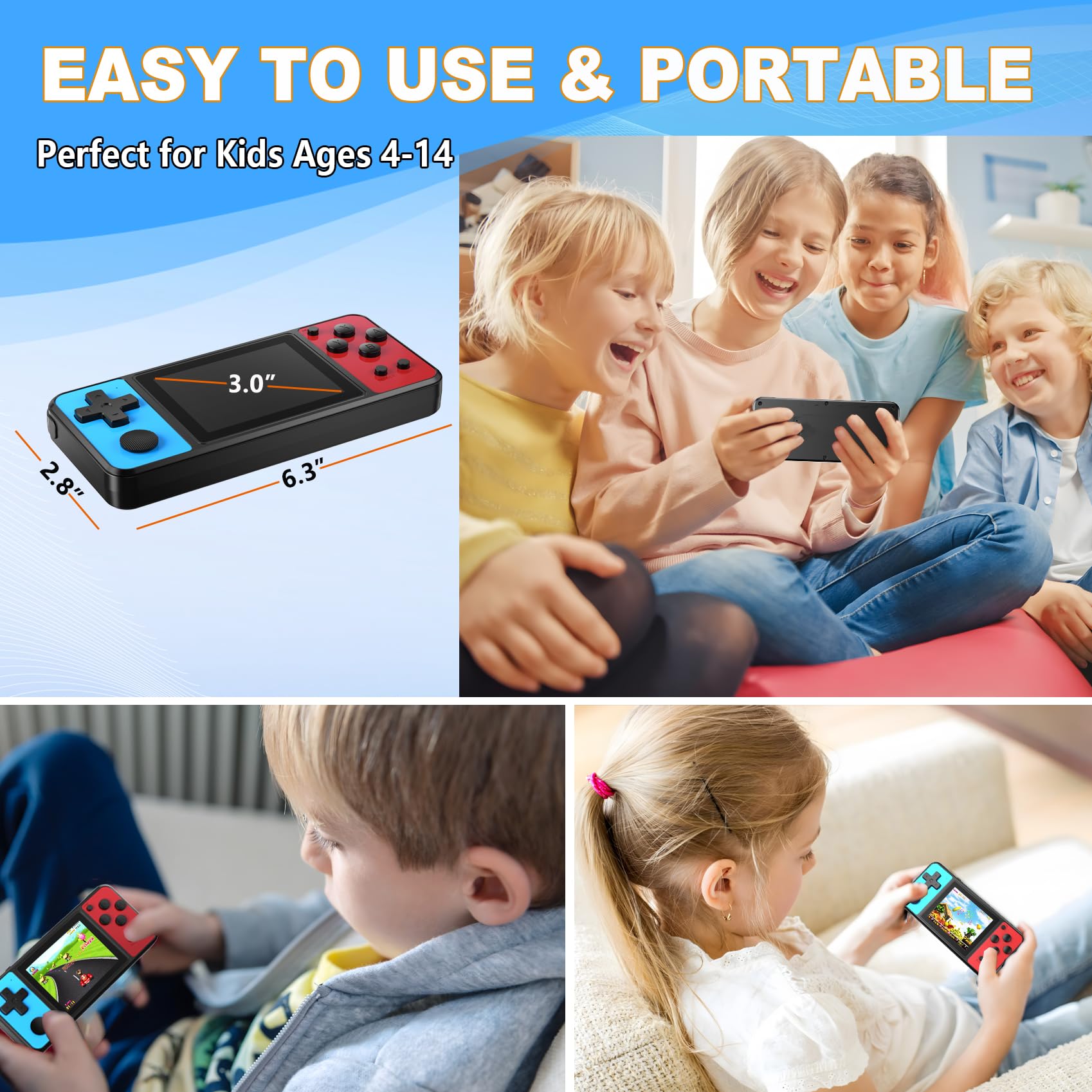 ZHISHAN 32-bit handheld gaming device for kids with 3.0" IPS screen, built-in 139 video games, rechargeable portable arcade toy