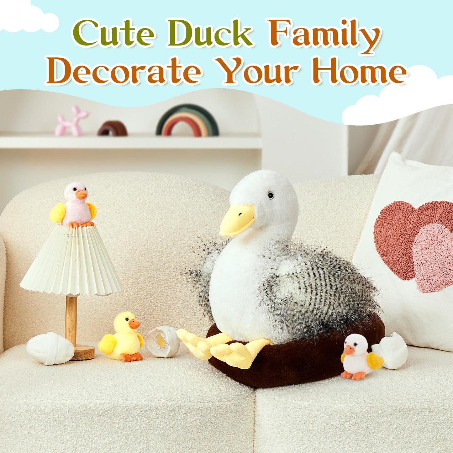 MorisMos Big Duck Teddy Soft Toy, 35cm Mom with Cuddly Ducklings Baby, Giant Fluffly Duck Stuffed Animal Realistic Kawaii Plush Gift for Kids Birthday Deco