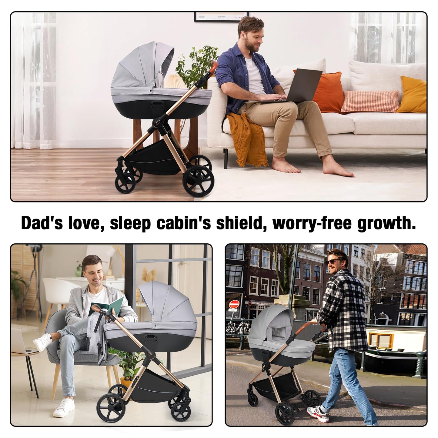 Magic ZC 4 in 1 Pushchair Pram Travel System, Baby Stroller 4 in 1 with Reversible Two Pushing Modes, Newborn Infant Carriage One-Click Folding, Toddler Buggy Aluminum Frame (H2 Light Grey)