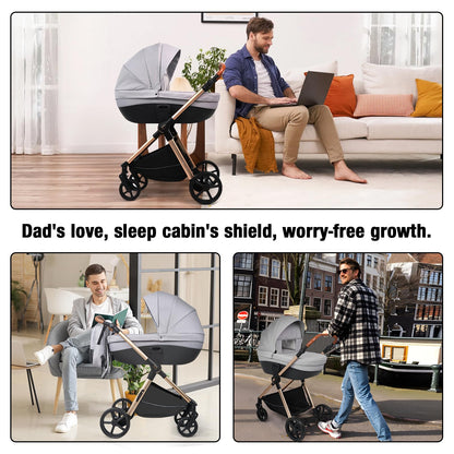 Magic ZC 4 in 1 Pushchair Pram Travel System, Baby Stroller 4 in 1 with Reversible Two Pushing Modes, Newborn Infant Carriage One-Click Folding, Toddler Buggy Aluminum Frame (H2 Light Grey)
