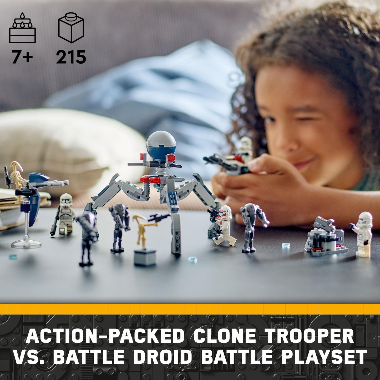 LEGO Star Wars Clone Trooper and Battle Droid battle pack with minifigures, droids, and speeder bike in action.