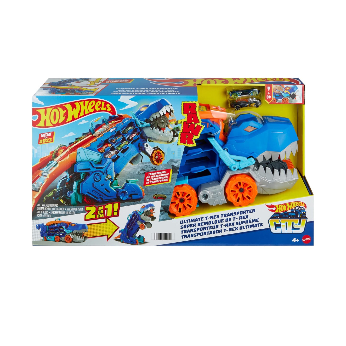 Hot Wheels City Toy Car Track Set, Ultimate T-Rex Transporter, Hauler Transforms into Stomping Dino with Race Track, From Netflix Series “Let’s Race”, HNG50